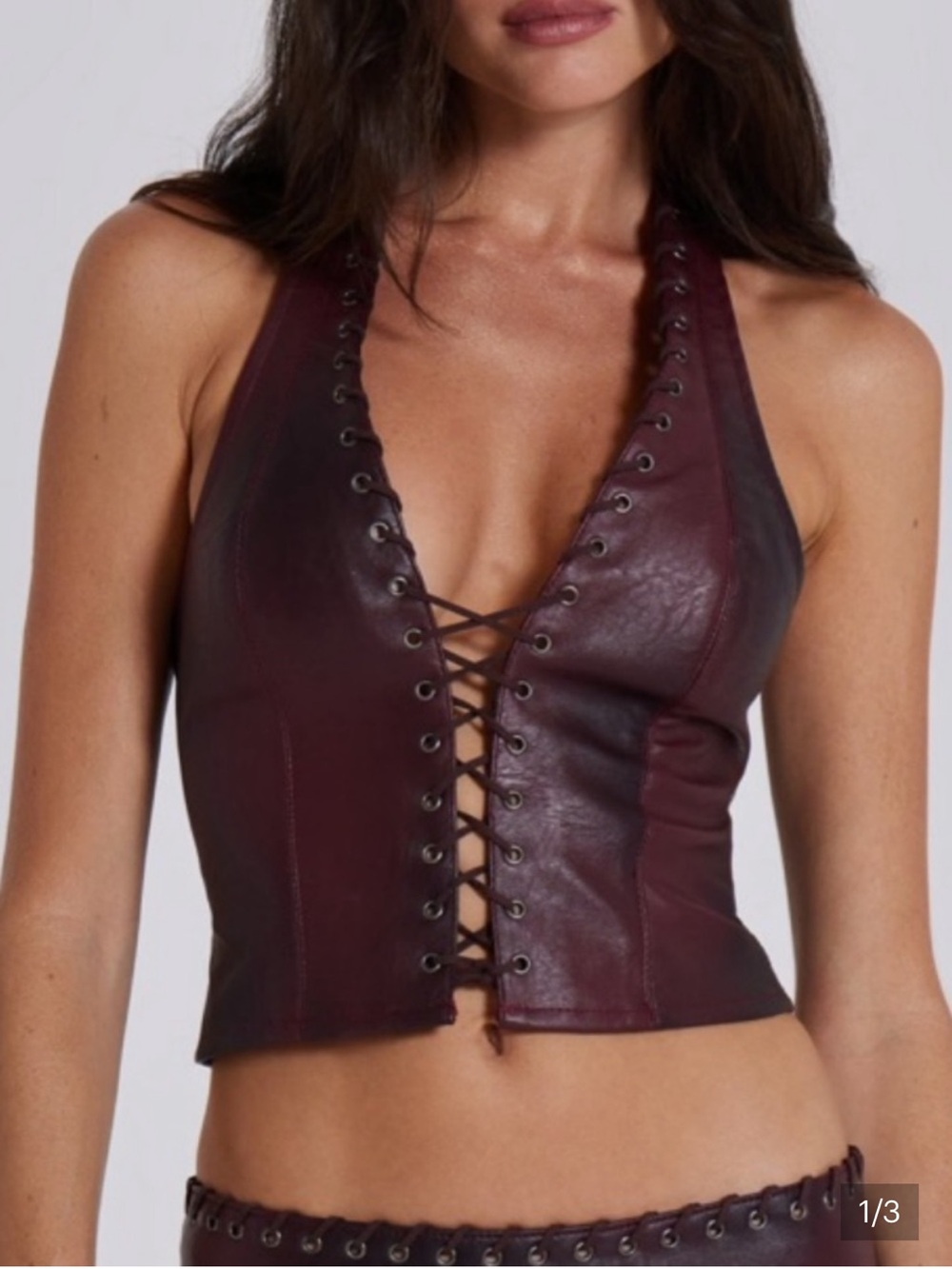 Jaded London Burgundy Lace-Up Leather Halter Top